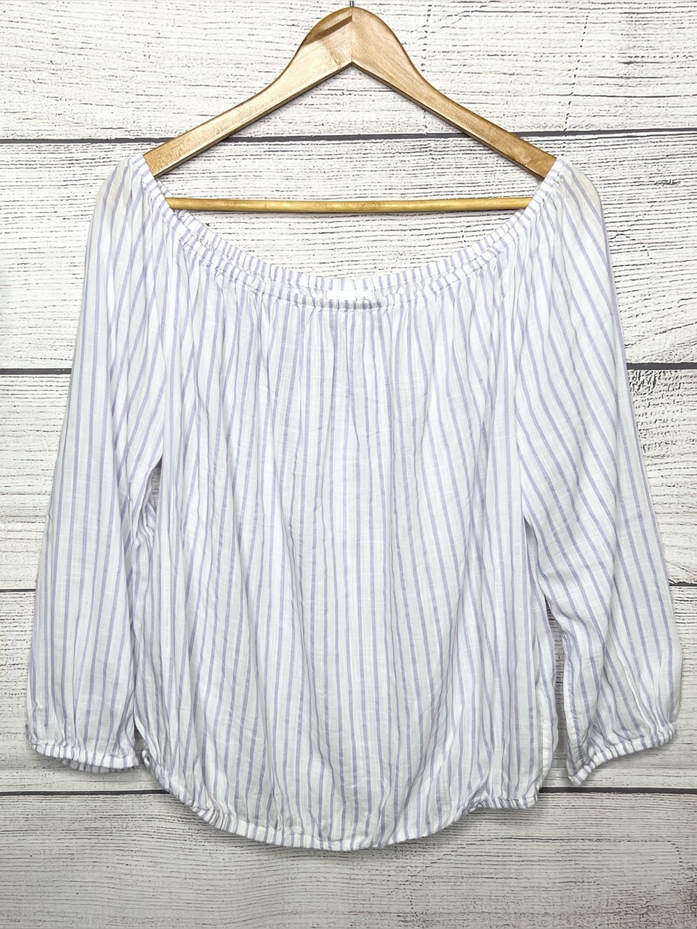 GAP Off-Shoulder White & Light Blue Striped Blouse Top Size Large Cotton/Modal